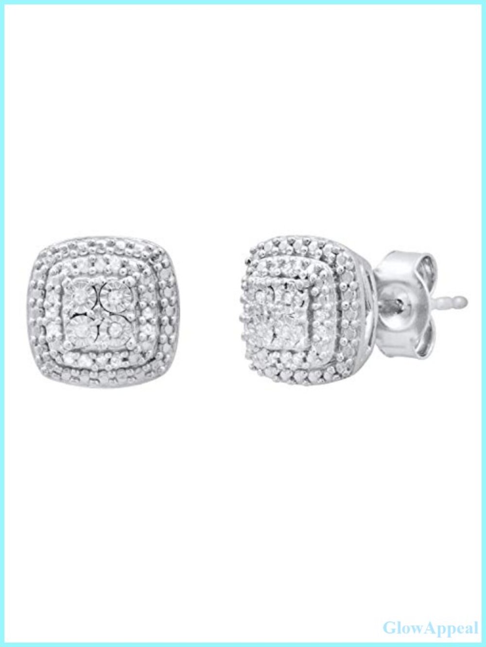 Double Cushion Frame Stud Earrings Sterling Silver Diamond Push Back